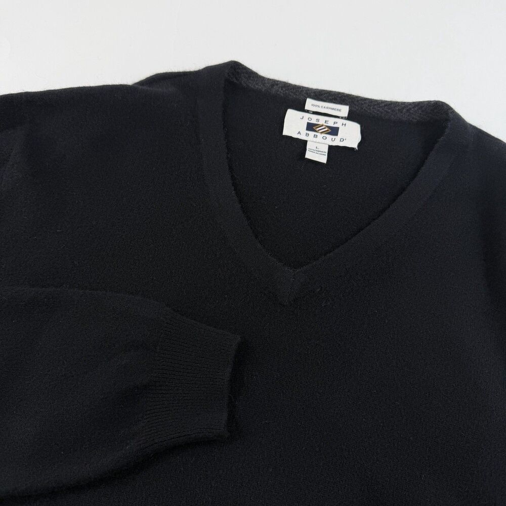 Joseph Abboud 100% Cashmere Sweater Mens L Black V Neck Pullover Classic Preppy